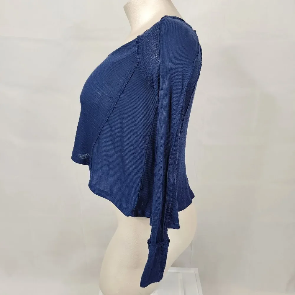 Free People Navy Blue Exposed Seam Waffle Knit Thermal Long Sleeve Top Sz XS